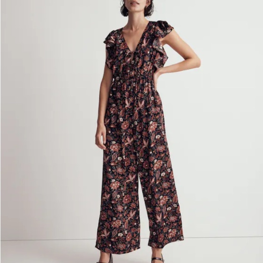 Madewell Deep-V Ruffled Jumpsuit in Pampas Blooms